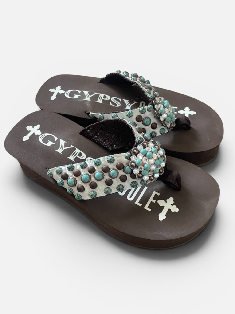 Gypsy Soule Embellished Platform Jewel Turquoise Studded Flip Flops in Size US 9